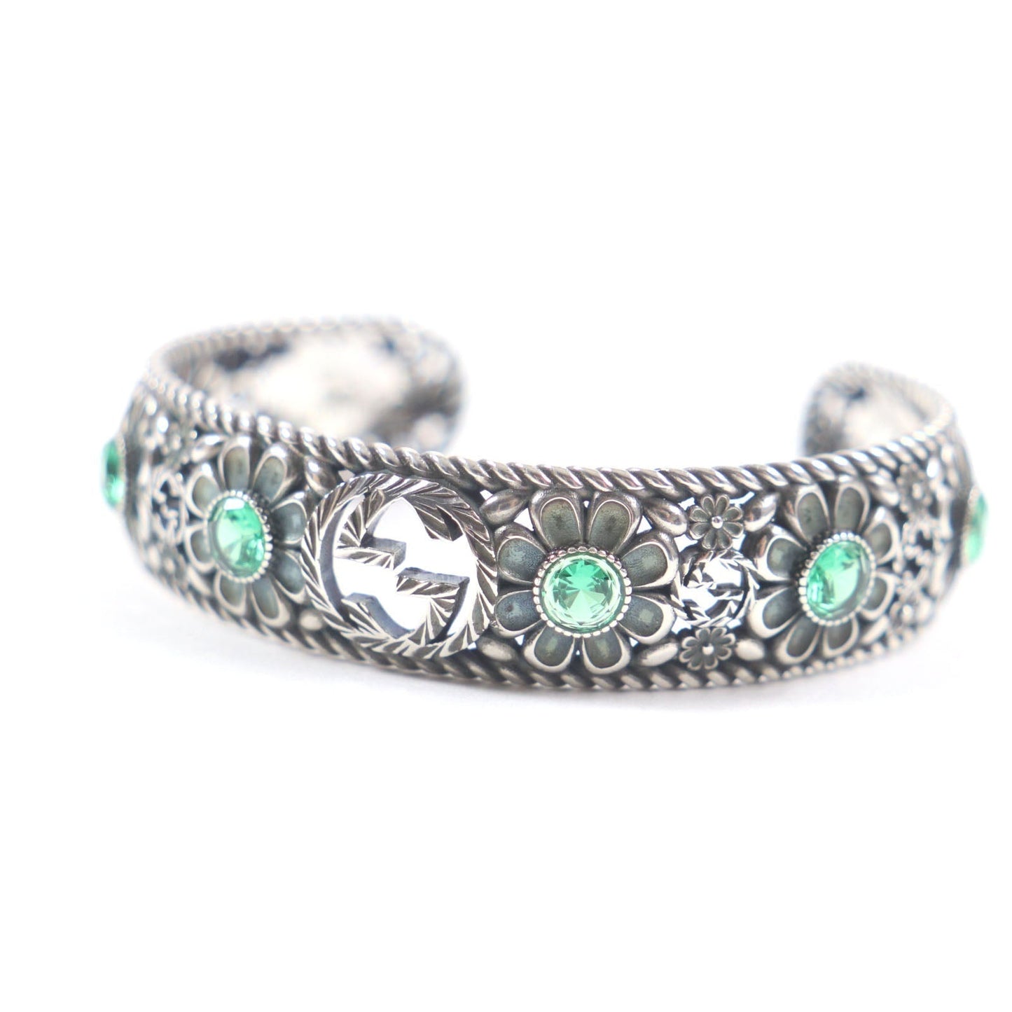 GUCCI Crystal Floral G Bangle Silver Bracelet