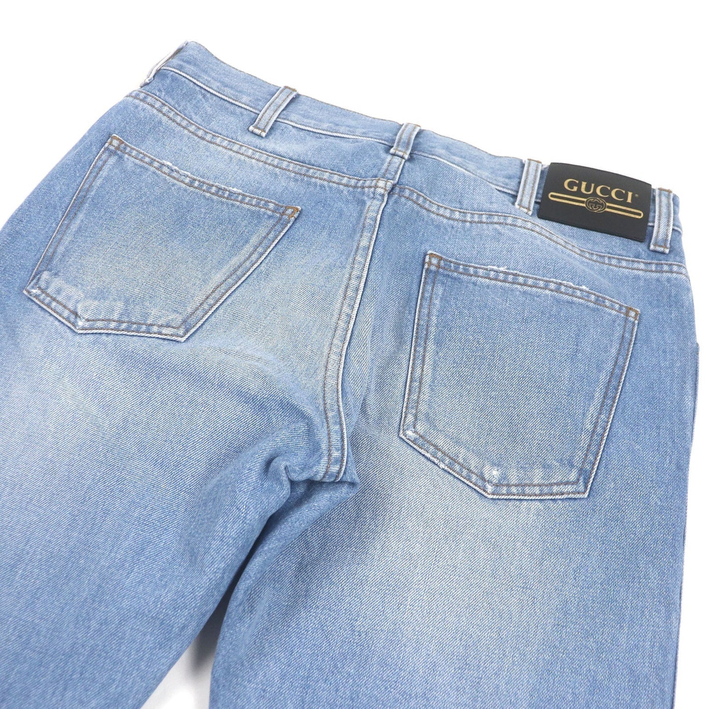 Gucci Leather Logo Patch Denim Pants