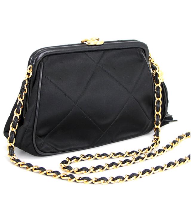 Chanel Fringed Clasp Chain Shoulder Bag Satin Black