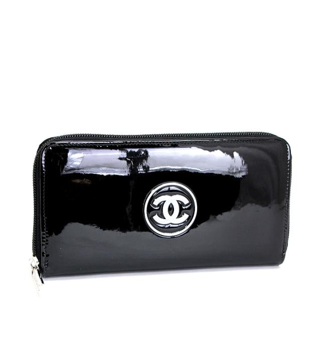 Chanel Makeup Round Fastener Long Wallet Patent Leather Black