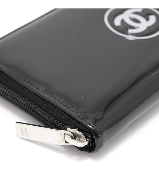 Chanel Makeup Round Fastener Long Wallet Patent Leather Black