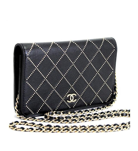 Chanel Chain Wallet Studs Black Leather G Metal Fittings