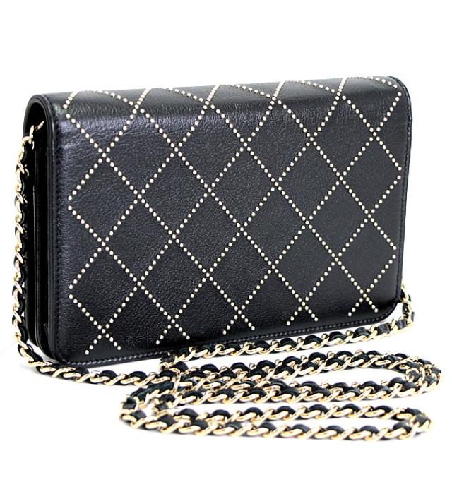 Chanel Chain Wallet Studs Black Leather G Metal Fittings