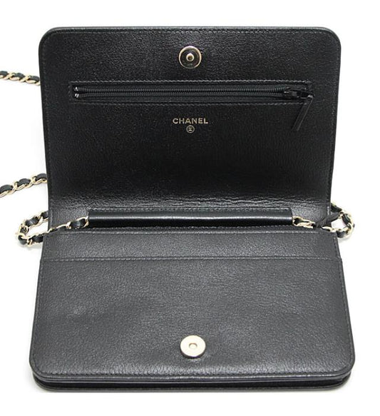 Chanel Chain Wallet Studs Black Leather G Metal Fittings