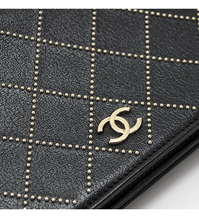 Chanel Chain Wallet Studs Black Leather G Metal Fittings