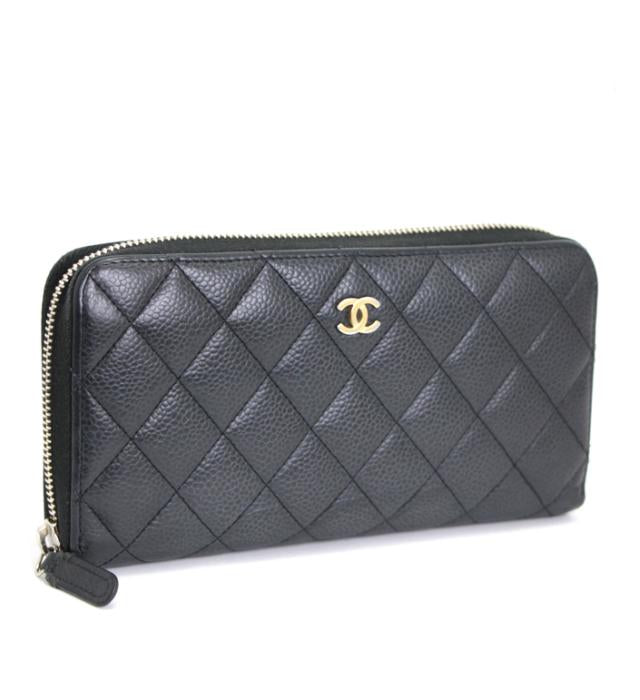 Chanel Matelasse Round Zipper Long Wallet Caviar Skin Black