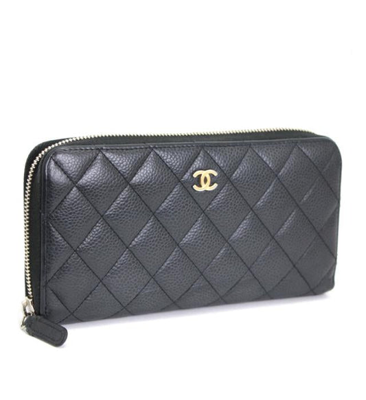Chanel Matelasse Round Zipper Long Wallet Caviar Skin Black