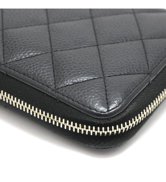 Chanel Matelasse Round Zipper Long Wallet Caviar Skin Black