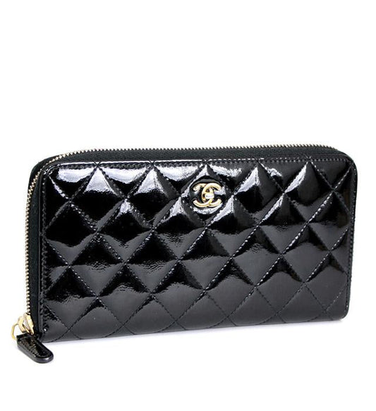 Chanel Matelasse Round Zipper Long Wallet Patent Black