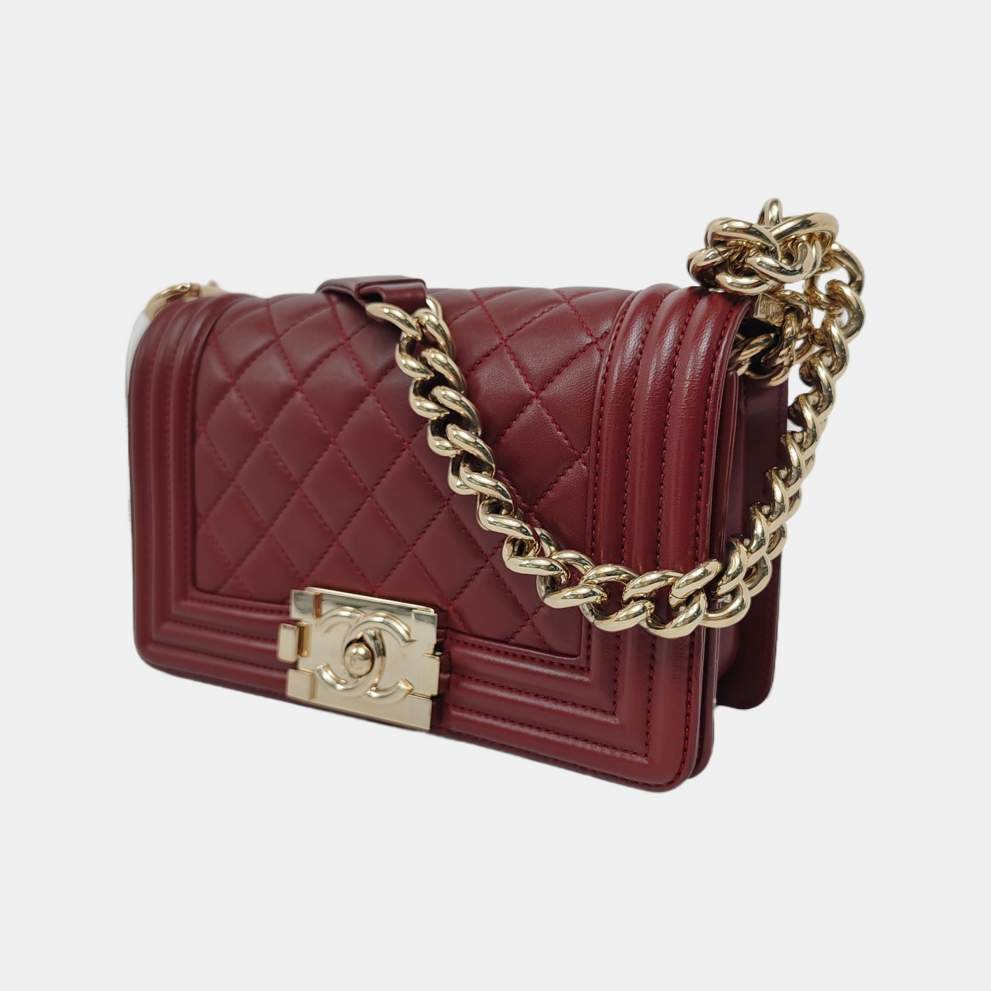 Chanel Le Boy Small Burgundy Lambskin Leather Antiqued Gold Hardware
