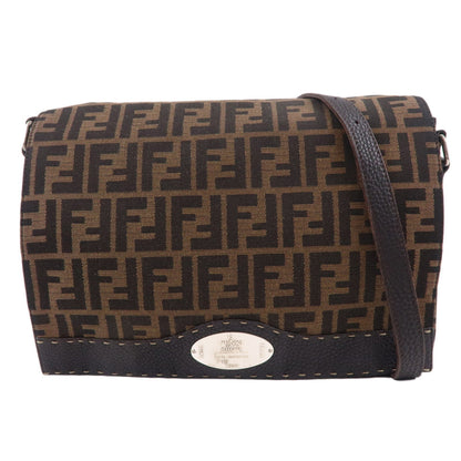 FENDI Zucca Selleria Canvas Leather Shoulder Bag Brown 8BT116