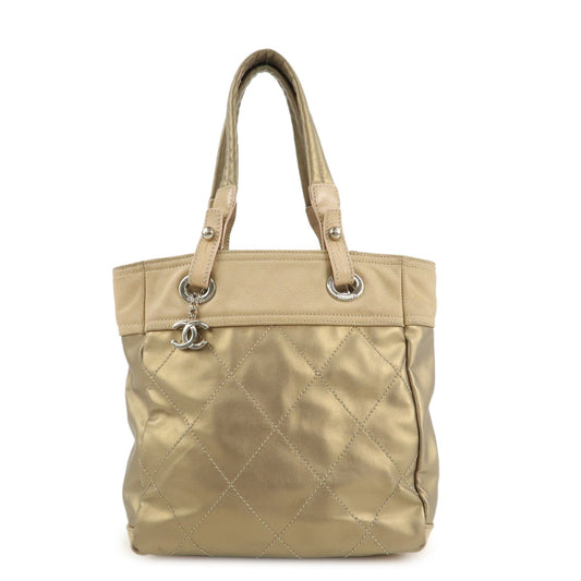 CHANEL Paris Biarritz Coating Canvas Leather Tote Bag PM Gold  d