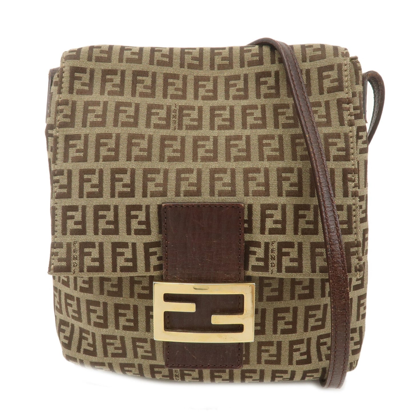 FENDI Zucchino Canvas Leather Shoulder Bag Beige Brown 8BT075