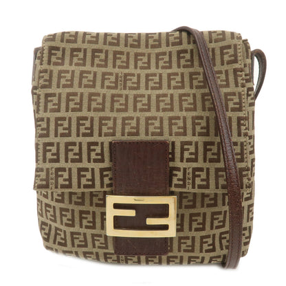 FENDI Zucchino Canvas Leather Shoulder Bag Beige Brown 8BT075