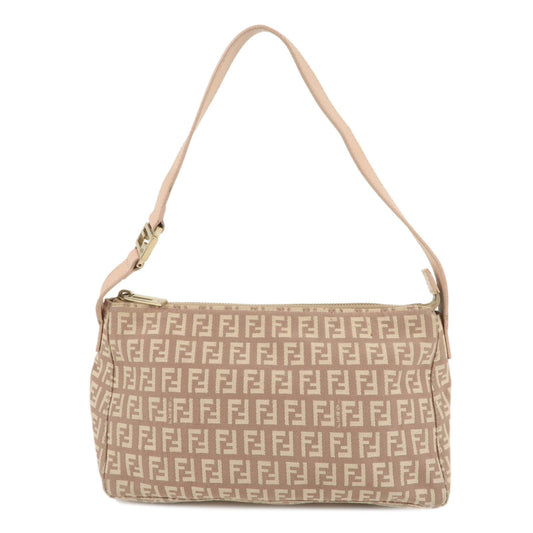 FENDI Zucchino Canvas Leather Shoulder Bag Beige Pink 8BR444