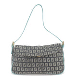 FENDI Zucchino Canvas Leather Shoulder Bag Black Light Blue 8BR145
