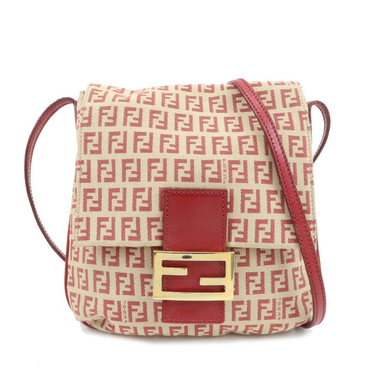 FENDI Zucchino Canvas Leather Shoulder Bag Beige Red 8BT075