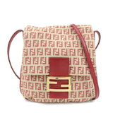FENDI Zucchino Canvas Leather Shoulder Bag Beige Red 8BT075