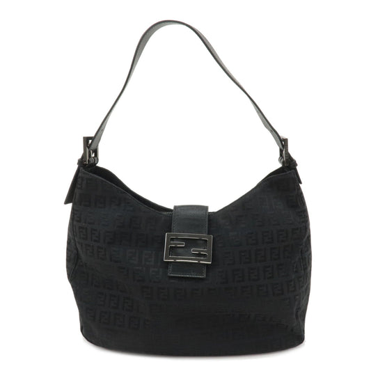 FENDI Zucchino Canvas Leather Shoulder Bag Black 8BR037