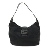 FENDI Zucchino Canvas Leather Shoulder Bag Black 8BR037