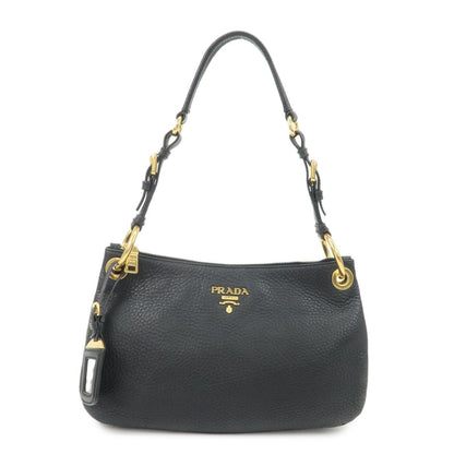 PRADA Logo Leather One-Shoulder Bag Hand Bag Black Gold Hardware  d