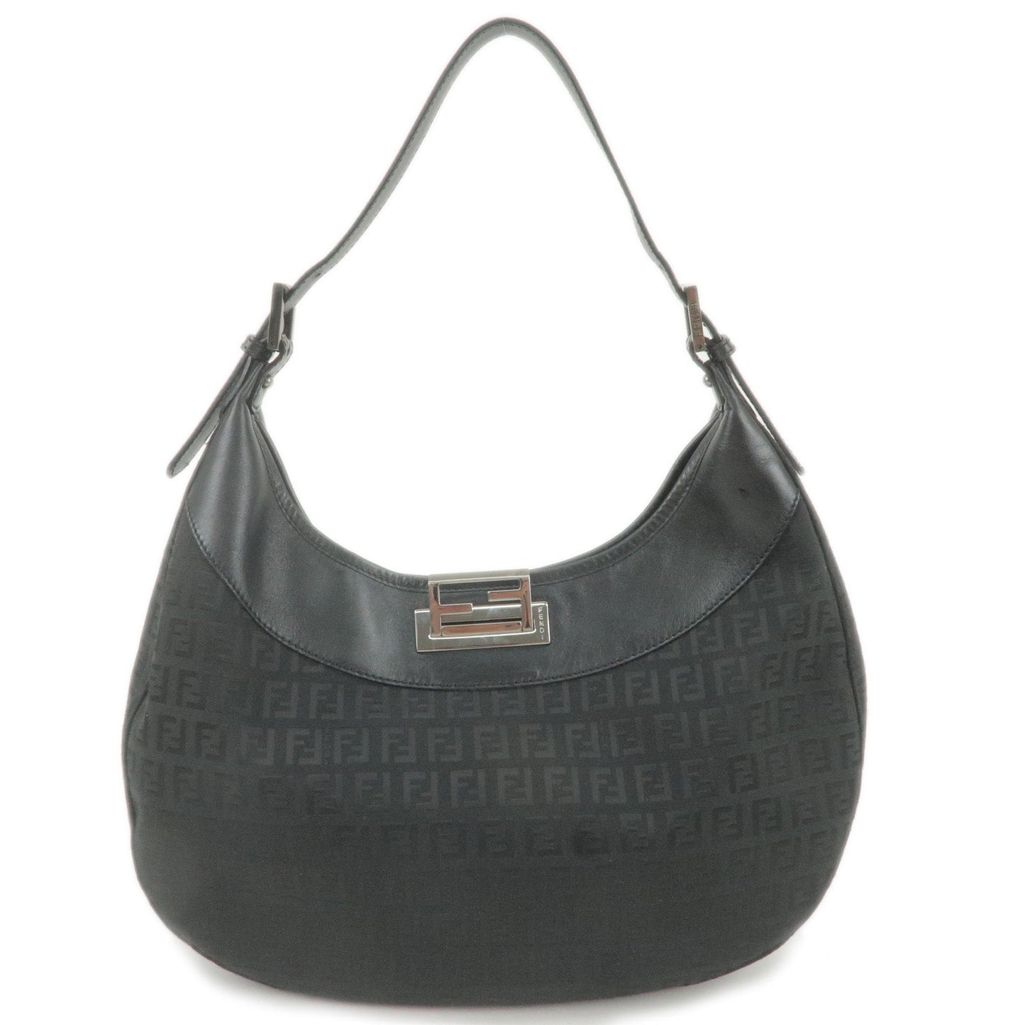 FENDI Zucchino Canvas Leather Shoulder Bag Black 8BR552