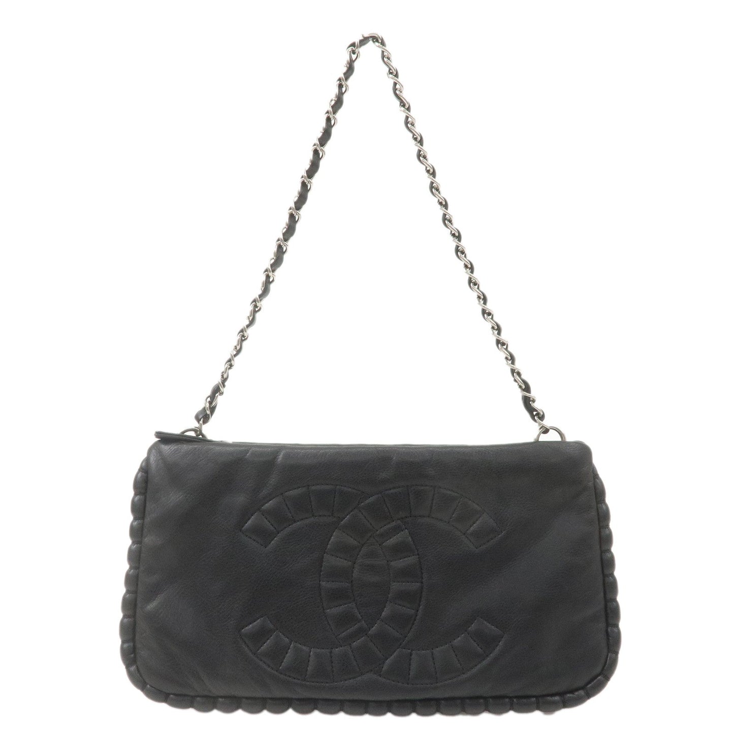 CHANEL Leather Chain Shoulder Bag Hand Bag Black Silver HDW