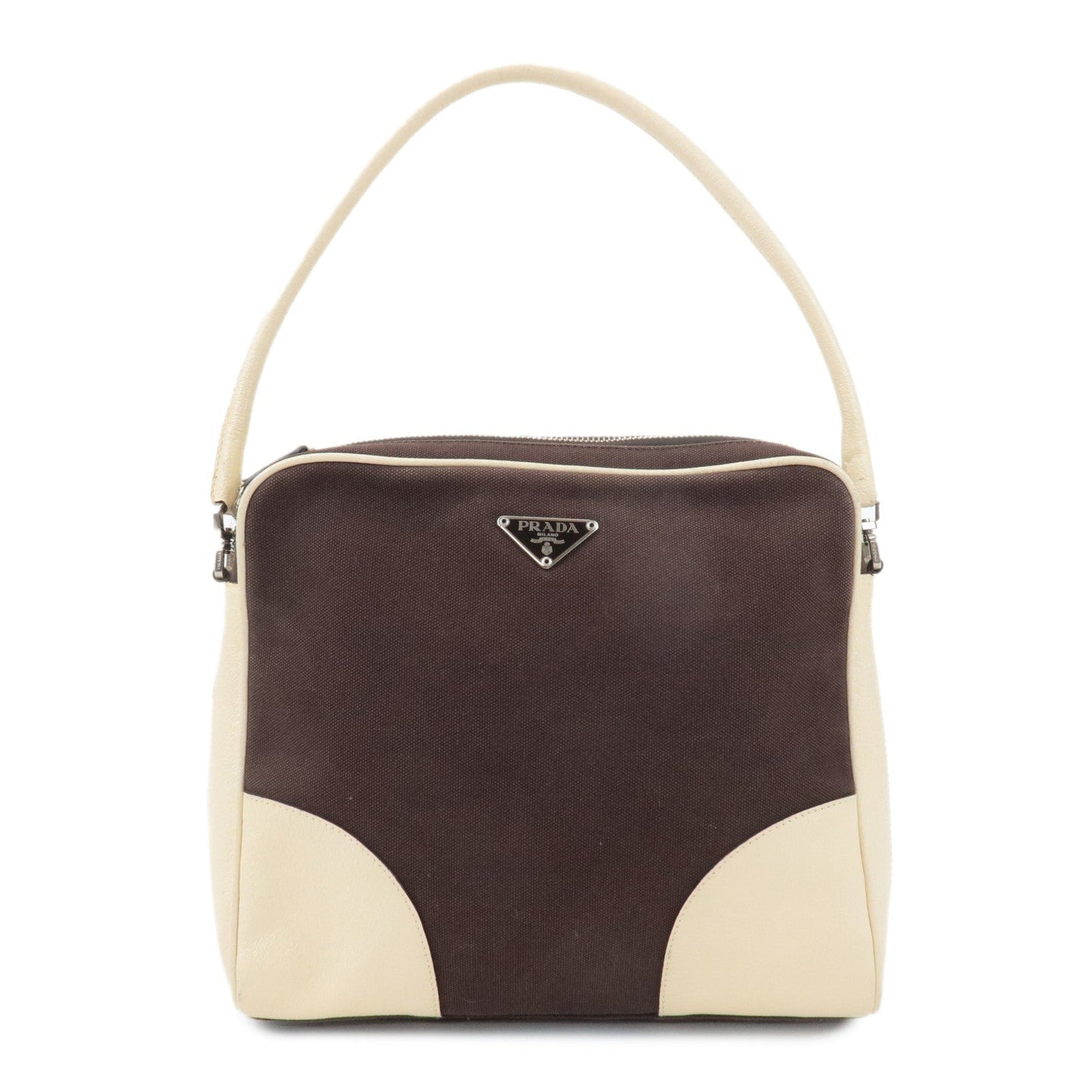 PRADA Triangle Logo Canvas Leather Shoulder Bag Brown Ivory  d