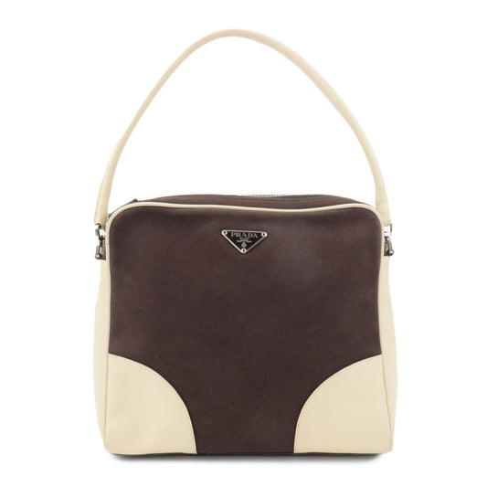 PRADA Triangle Logo Canvas Leather Shoulder Bag Brown Ivory  d
