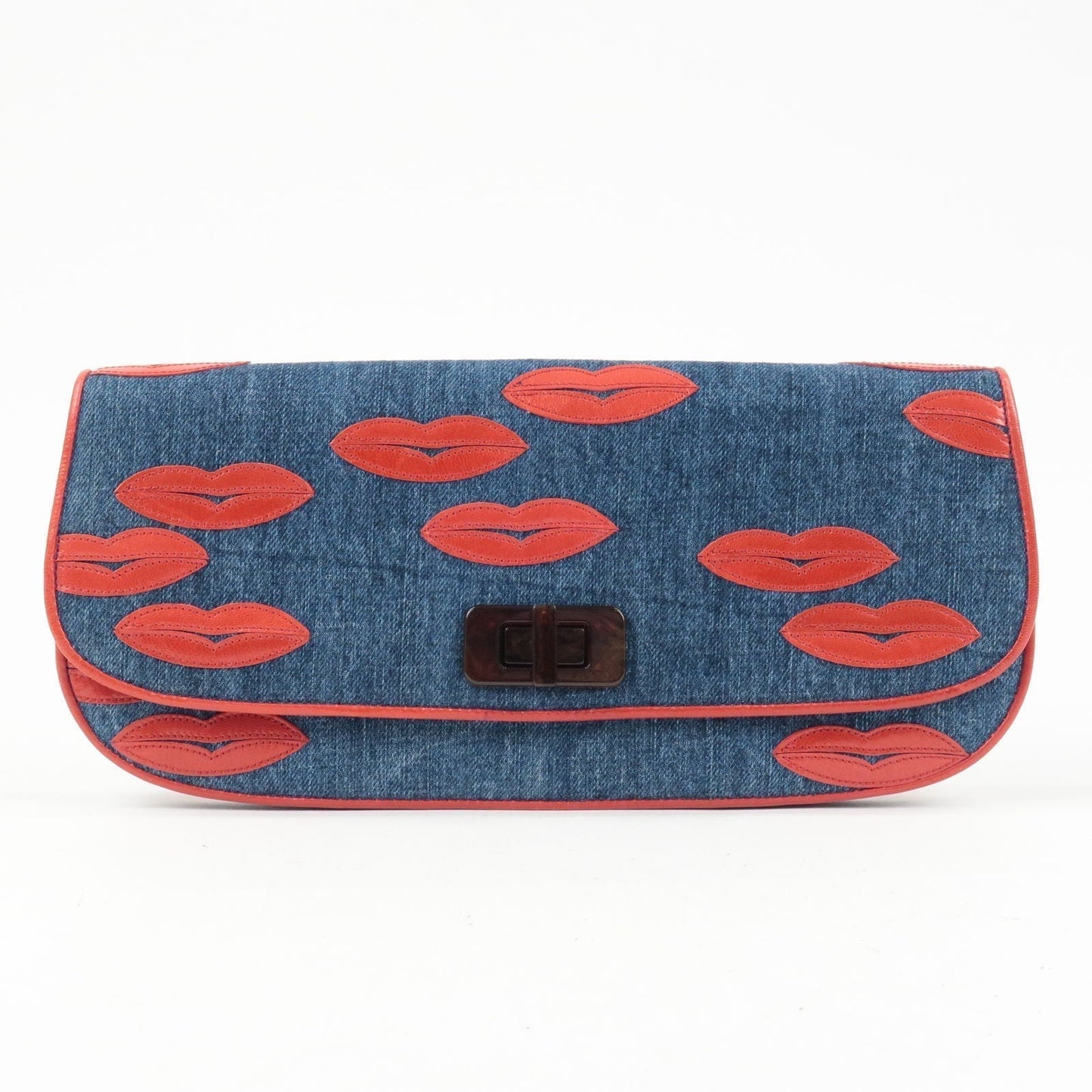 Prada Denim Leather Lip Motif Clutch Bag Pouch Blue BP489B
