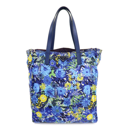 PRADA Logo Nylon Leather Tote Bag Floral Print Blue BN2851  d