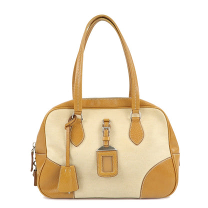 PRADA Canvas Leather Triangle Logo Boston Bag Ivory Brown  d