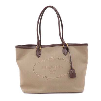 Prada Logo Jacquard Leather Tote Bag Beige Brown 1BG158