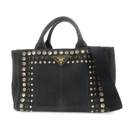 PRADA Mini Canapa Bijou Studs Canvas 2Way Bag Black B24390  d