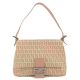 FENDI Zucchino Canvas Leather Shoulder Bag Beige Pink 8BR001