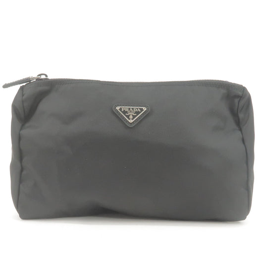 Prada Nylon Leather Cosmetic Pouch Clutch Bag Black 1N0012