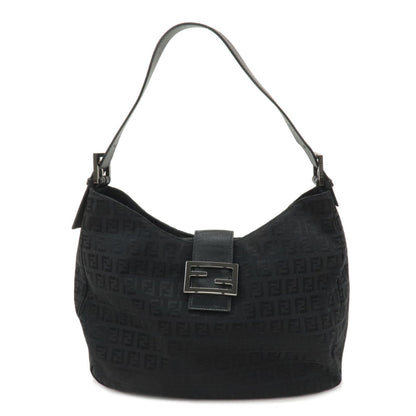 FENDI Zucchino Canvas Leather Shoulder Bag Black 8BR037