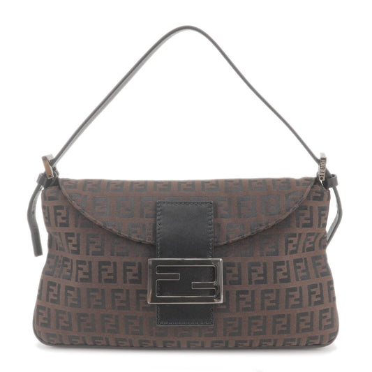 FENDI Zucchino Canvas Leather Shoulder Bag Purse Brown Black