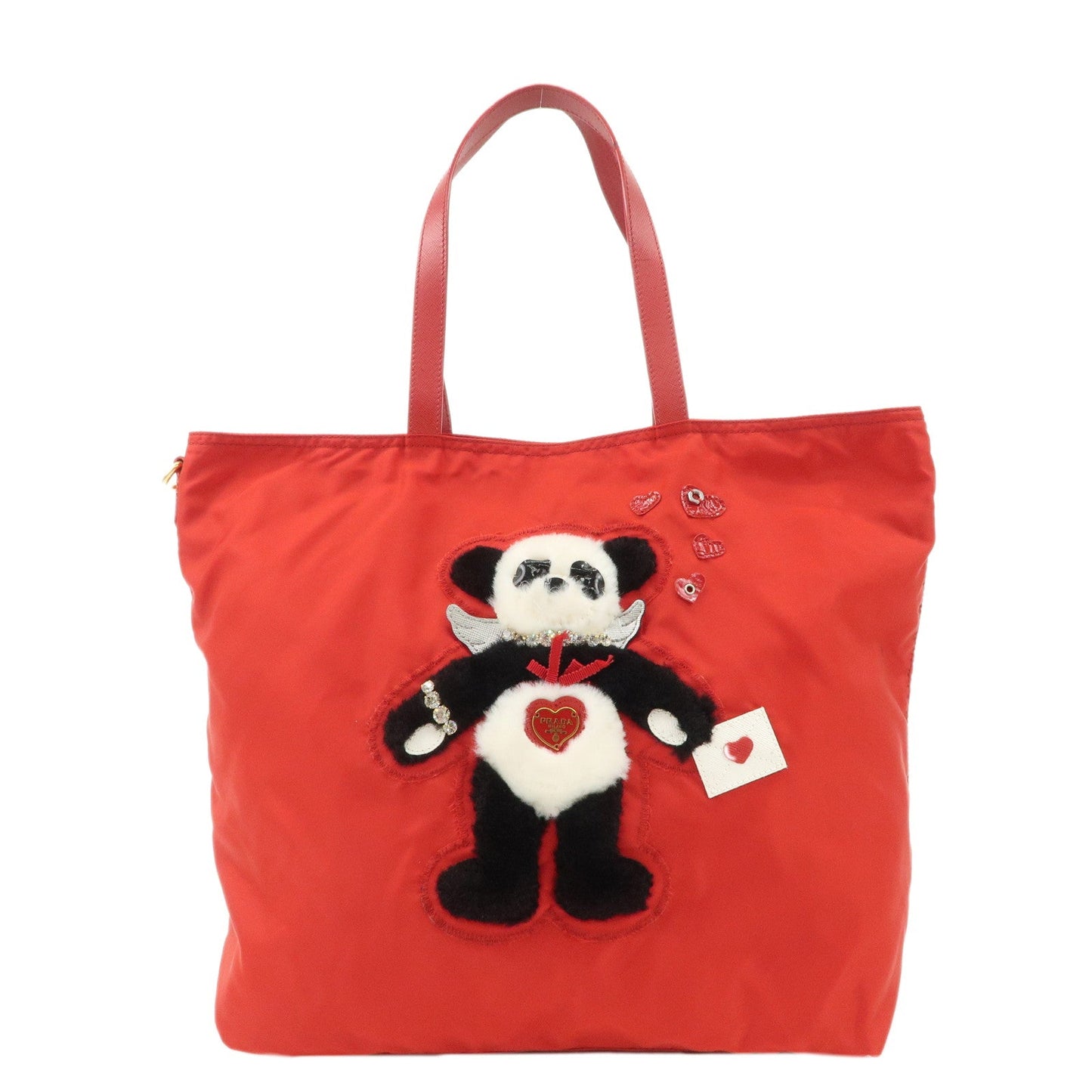 AuthenticPRADA Nylon Leaather Panda Tote Bag Shoudler Bag Red BR4249  d