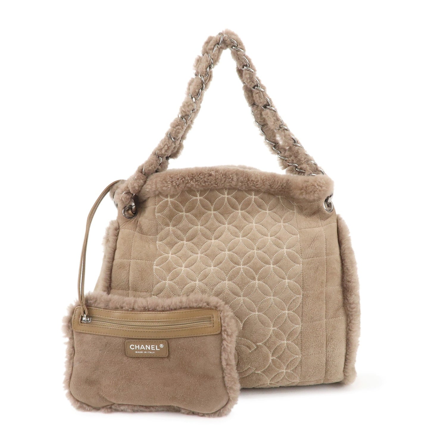 CHANEL Nubuck Fur Leather Shoulder Bag Hand Bag Beige