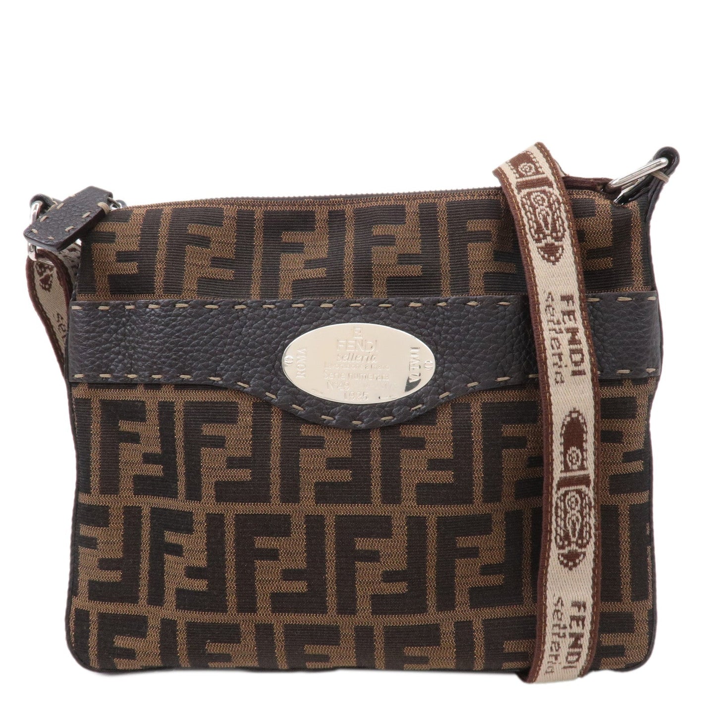 FENDI Zucca Selleria Canvas Leather Shoulder Bag Brown 8BT092