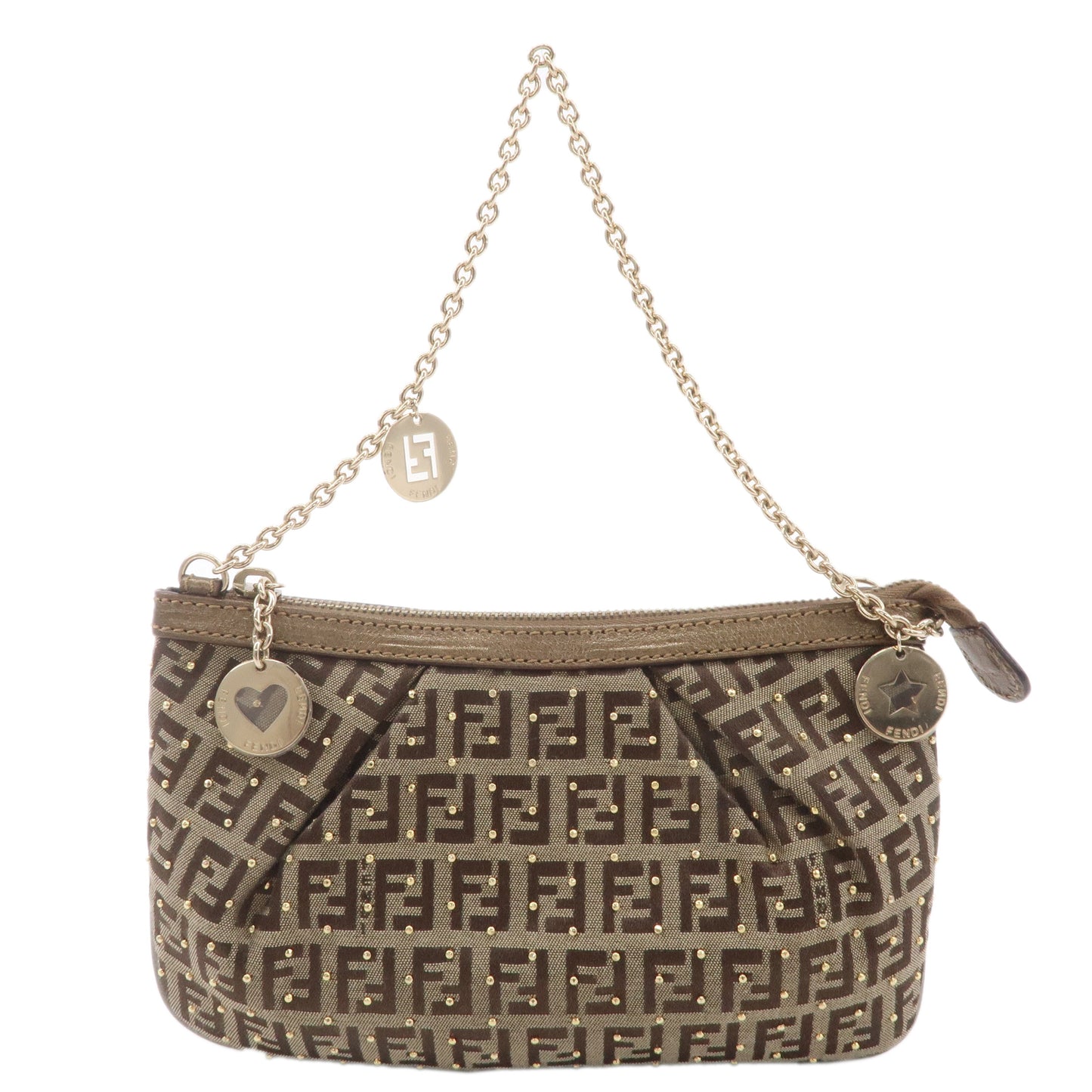 FENDI Zucchino Canvas Leather Chain Bag Pouch Brown 8BR594