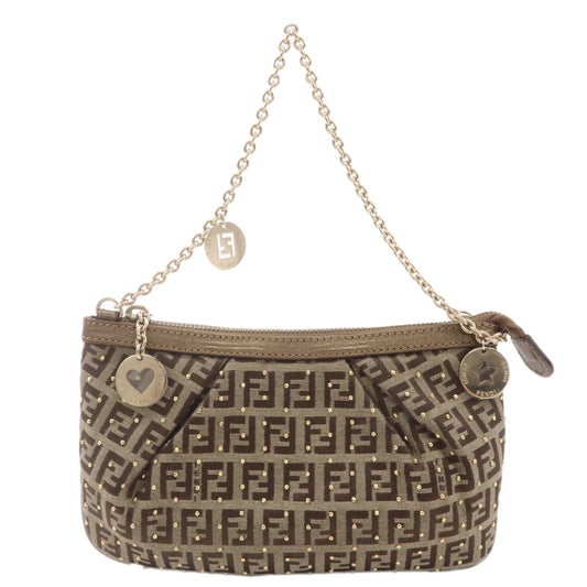 FENDI Zucchino Canvas Leather Chain Bag Pouch Brown 8BR594