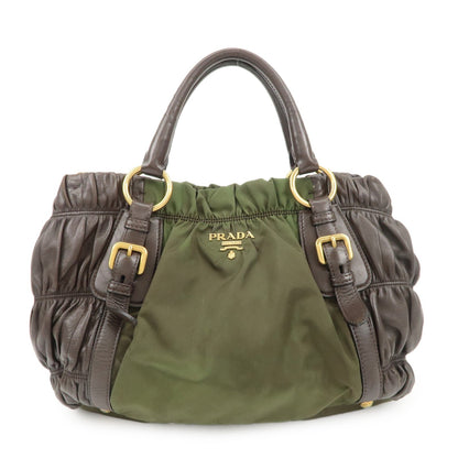 PRADA Nylon Leather Gathered Hand Bag Green Brown BN1793  d