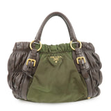 PRADA Nylon Leather Gathered Hand Bag Green Brown BN1793  d