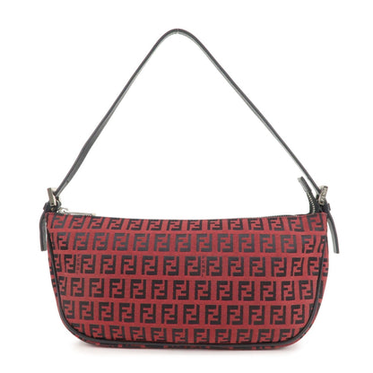 FENDI Zucchino Canvas Leather Shoulder Bag Red Black 8BR144