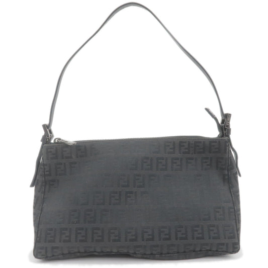 FENDI Zucchino Canvas Leather Shoulder Bag Black 8BR156