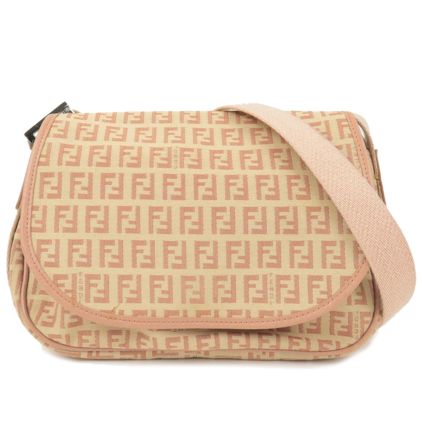 FENDI Zucchino Canvas Leather Shoulder Bag Beige Pink 8BR320