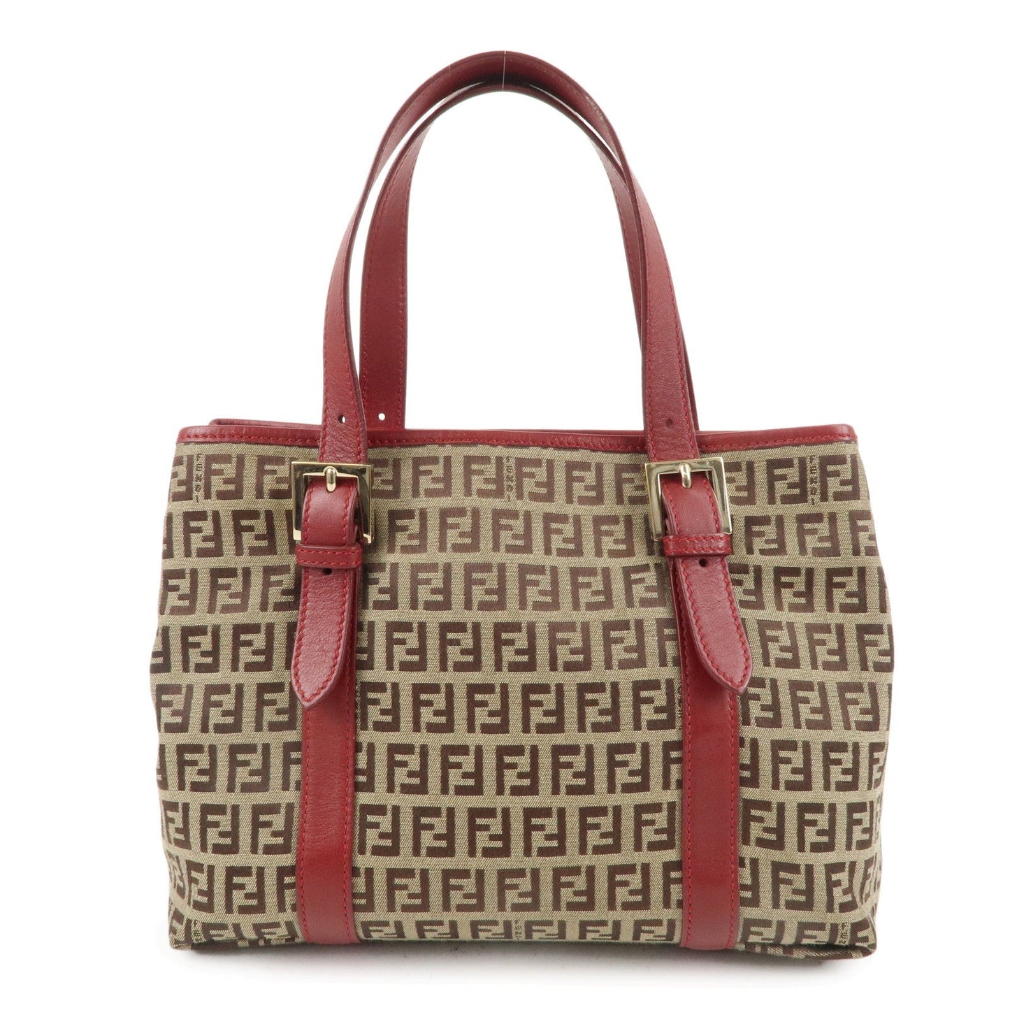 FENDI Zucchino Canvas Leather Hand Bag Beige Red 8BH237