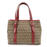 FENDI Zucchino Canvas Leather Hand Bag Beige Red 8BH237
